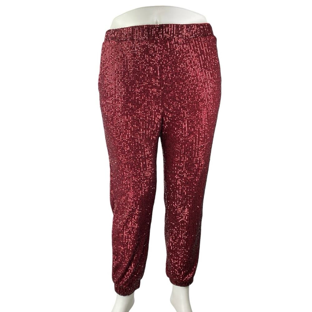 Vince Camuto Women's Red Sequin Sparkly High Waisted Tapered Jogger Pants Size L